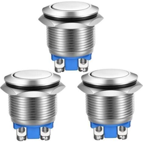 3pcs Bouton Poussoir Momentané Bornes à vis en Acier Inoxydable Bouton étanche à l'eau 19mm 2A 12V/24V/125V/250V(Tête Plate)