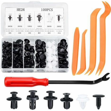 100 Pieces Plastic Rivet Clips Plastic Rivets Protective Fastener with Multi Shapes and Sizes Universal for Auto Cars Door Panels with Removal Tool(Black, White) (1/5)
