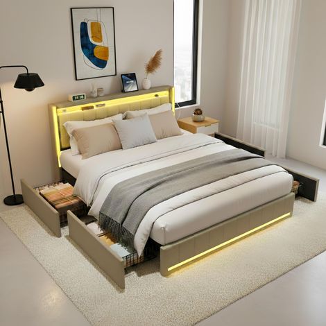 Bett 180x200 cm mit Stauraum und LED - Leinenstoff-Bezug - 4 seitliche Schubladen - Integrierte USB- & Typ-C-Anschlüsse - Robustes und elegantes Doppelbett - Beige