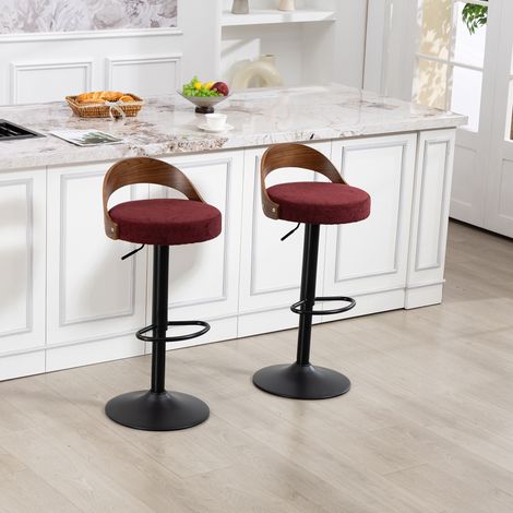 Lot de 2 tabourets de bar pivotants à 360° avec dossier en bois de noyer noir et coussin d’assise en PU, réglables en hauteur. Adapté aux cuisines, restaurants, bars et espaces similaires (Rouge vin, (1/5)