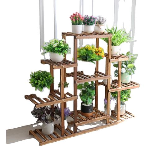 Support de Plantes, 9 Niveaux, Bois Carbonisé, Capacité de Charge 200 lbs, Dimensions 45,3 x 9,8 x 38 pouces, Assemblage Facile (1/5)
