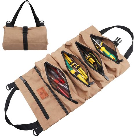Sac à outils enroulable, sac à outils en toile pour clés, organisateur de trousse à outils, 5 poches zippées, beige (1/5)