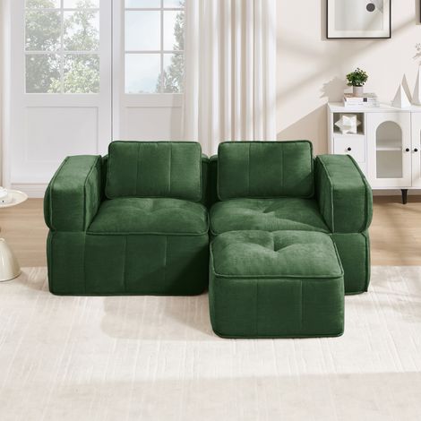Canapé d'angle modulaire en L 2 places avec pouf, canapé nuage sans cadre en polyester, mousse haute densité 32D, assise profonde antidérapante, sans montage, 198 x 162 x 67 cm, Vert