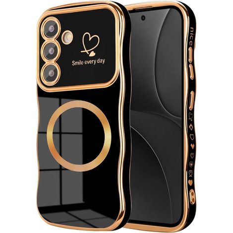 Coque pour Samsung Galaxy S25 MagSafe motif cœur ondulé noir plaqué or (1/5)