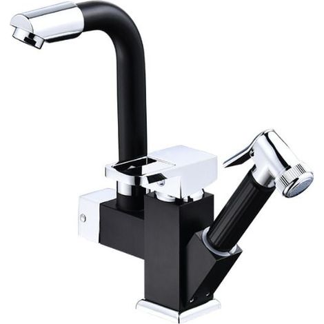 Robinet mitigeur multifonction rotatif à 360° pour cuisine avec douchette extractible, couleur noire (1/4)