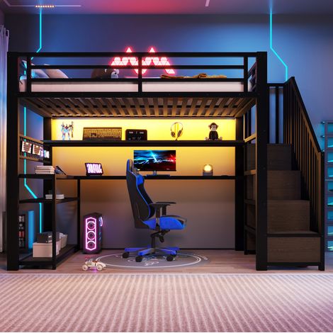 Lit mezzanine 251x95x170 cm noir en métal et MDF avec bureau, armoire, rangements et éclairage LED (1/5)