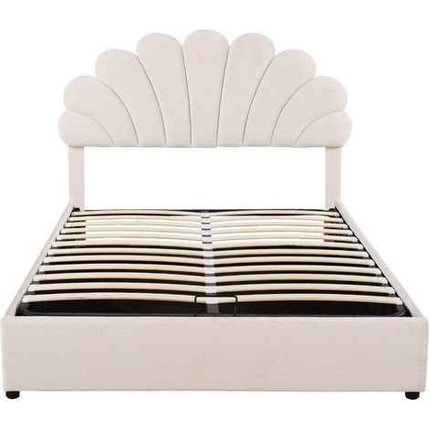 Letto contenitore imbottito 140 x 200 cm in velluto beige, testiera regolabile (1/5)