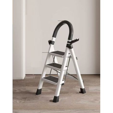 Échelle, en Acier au Carbone, Escabeau, Pliable, Plateau à Outil, Pieds Antidérapants, Capacité de Charge 150 kg, 3 Marches, Blanc (1/5)
