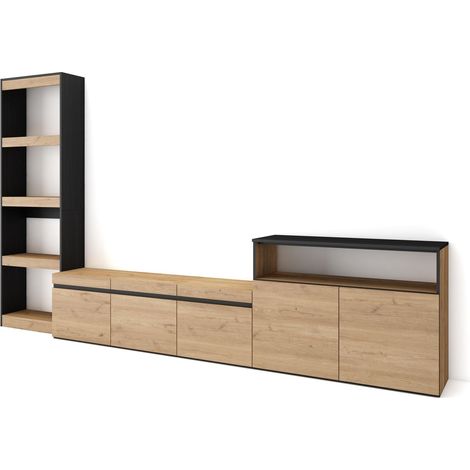 Skraut Home – Ensemble meuble TV moderne – Meuble salon complet chêne et noir – Dimensions 310x35x186cm – Pour TV jusqu'à 65 pouces (1/5)