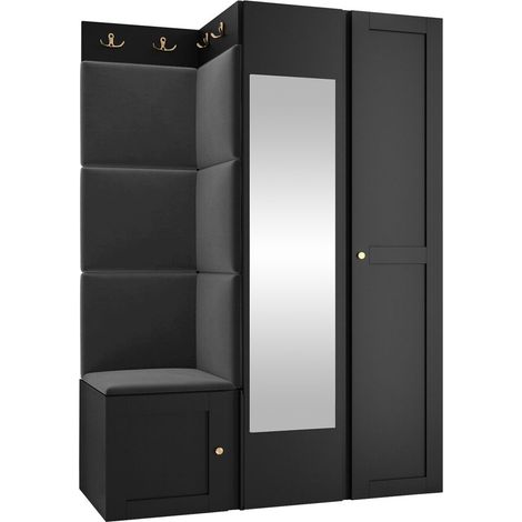 Meuble d'entrée Hartford 380, Noir, 186x116x46cm, Disponible, MDF, Stratifié, Tissu, Murale, À poser