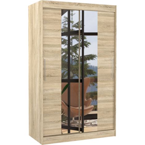 Petite armoire de chambre 2 portes coulissantes bois clair et miroir Tinko 120cm (1/4)