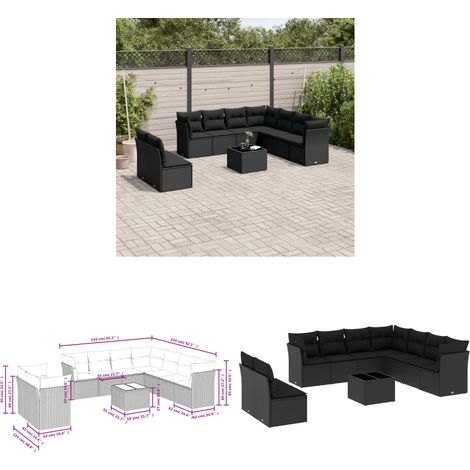 10-tlg. Garten-Sofagarnitur mit Kissen Schwarz Poly Rattan - Gartenmöbel Set - PE-Rattan Möbel - Outdoor Sofa - Esstisch - Lounge Set - Home & Living (1/3)