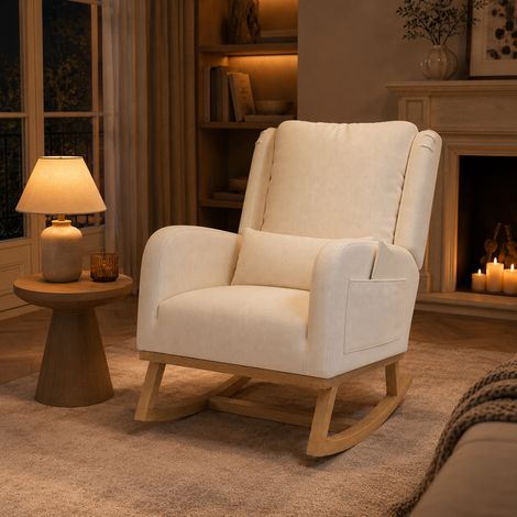 Fauteuil à Bascule avec Dossier Haut et Coussin Lombaire, Rocking Chair avec Poches Latérales, Fauteuil d’allaitement, Lin Beige