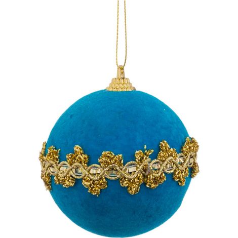 Boule de Noël velours bleu turquoise et doré 8cm (1/3)