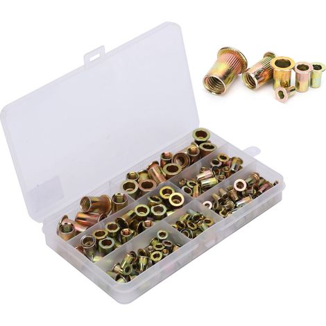 Boîte de 160 écrous à sertir filetés en acier au carbone zingué, inserts filetés M3 M4 M5 M6 M8 M10, assortiment (1/5)