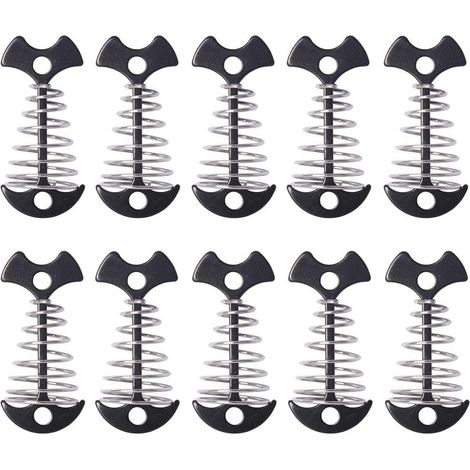 Lot de 10 piquets de tente pour terrasse en bois (type arête de poisson) avec boucle à ressort, pour camping et randonnée en plein air – Noir (1/5)