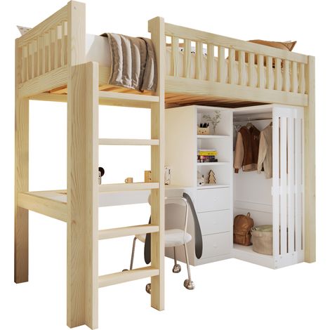 Letto a castello 90x200 cm salvaspazio con scrivania, armadio, 3 cassetti e vani aperti, sponde e scala, in pino e MDF, colore naturale, per cameretta - CHICFURN (1/5)