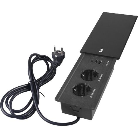 Prise Encastrable Plan de Travail: Coulissant Couvercle Prise de Bureau avec 2 Prises avec USB et Type C, Multiprise Encastrée Câble de 1,8 m pour Bureau de Cuisine de Bureau (1/5)