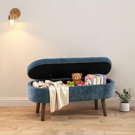 Banc de rangement en tissu bleu avec coffre 20 L bois massif 110 (1/5)