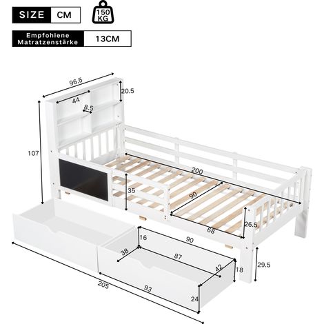 Lit enfant multifonction avec tiroirs et tableau, sans matelas, blanc, 90x200 cm (1/5)