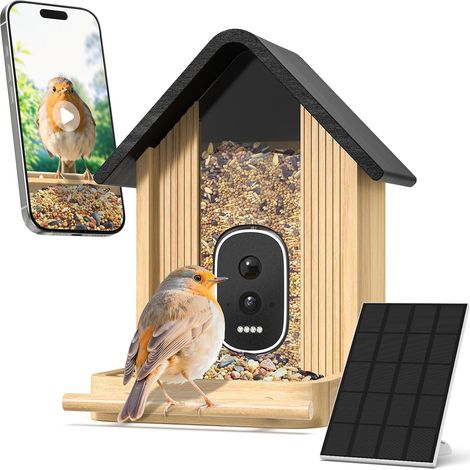 Mangeoire Oiseaux Caméra, Bambou Panneau Solaire UHD 2,5K Identification IA, Vidéos Photos Temps Réel, sans Fil Extérieur, Déco Jardin pour Amateurs Ornithologie (1/5)