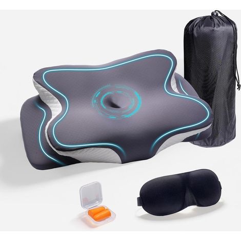 Oreiller Ergonomique Cervical, 2 en 1 Coussin Orthopédique, Oreiller Memoire Forme, Soie Glacée Taie d'oreiller Amovible, Coussin Memoire Forme, sur Le Dos Et sur Le Ventre, 62 X 41 X 13/9 cm (1/5)