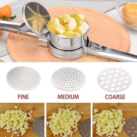 Presse-purée manuel — Presse à pommes de terre robuste en acier inoxydable, presse à spaghetti/glace, appareil à Spätzle (Comprend 3 disques perforés) (1/4)