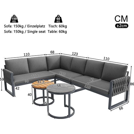 ELVMI Gartenlounge Set mit 2 Sesseln, 1 Ecksofa und 2 Tischen, Abnehmbaren Kissenbezugen, Olefin Grau (1/4)
