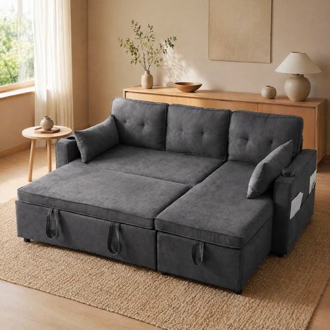 Sofá cama esquinero 3 plazas 211 x 129,5 x 86 cm con arcón y portavasos gris HAVRYA (1/5)
