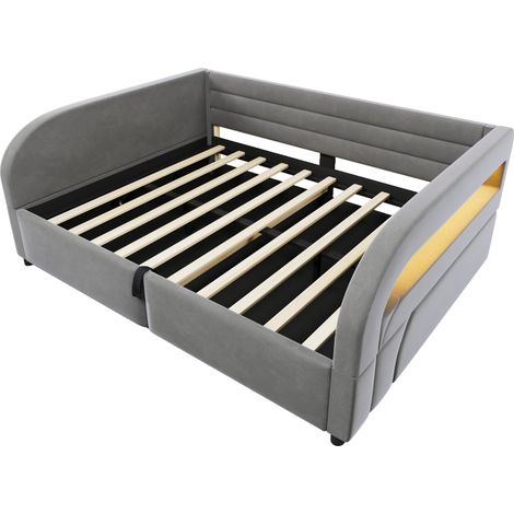 Cama plataforma tapizada 140x200 cm gris con almacenaje hidráulico y LED (1/5)