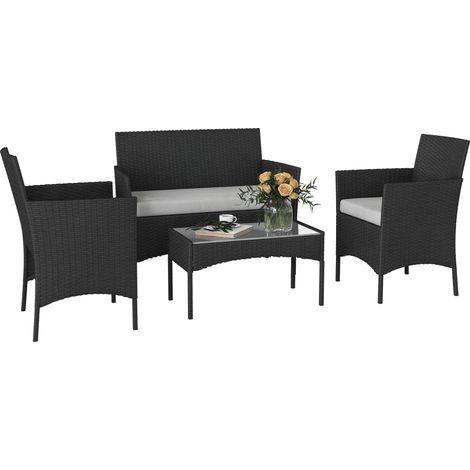 Salon de jardin extérieur 4 personnes en résine tressée, canapés et table basse en verre trempé coussins inclus gris