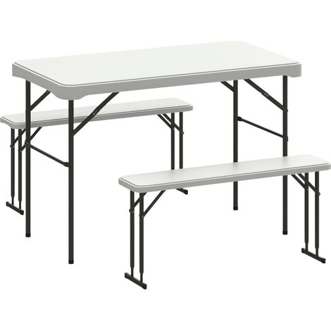 Table pliante et bancs de pique-nique 113 cm avec poignées de transport gris clair et blanc, parfaits pour vos aventures en extérieur. (1/5)