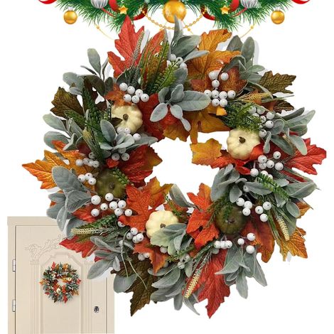 Couronne pour Porte d'Entrée 45cm Feuilles d'érable et citrouilles Couronne pour Halloween extérieure résistante aux intempéries Pour Halloween, Thanksgiving, fêtes, porc (1/5)