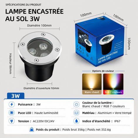 Spot LED encastrable de sol rond extérieur 3W Ø100mm RGB étanche IP65 DC 12V aluminium rgb 10 × 10 × 10 cm 450 g – Livraison gratuite