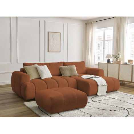 BOBOCHIC - Canapé d'angle convertible FUJI tissu bouclette avec pouf Angle droit Orange (1/5)