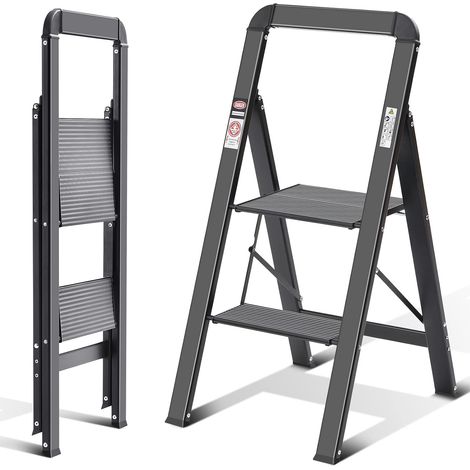 Escabeau 2 marches Aluminium, Pliant avec Main Courante, de Maison antidérapant avec sécurité Pliante, en Aluminium, Charge maximale 150 kg, Noir (1/5)