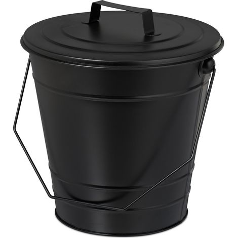 Relaxdays Ascheeimer mit Deckel, Henkel, 7 Liter, Eisen, Aschetonne für Kohle & Asche, Kamin, Ofen, Kohleeimer, schwarz
