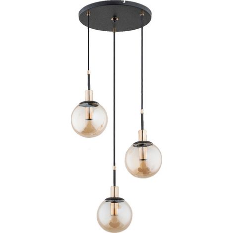 Alfa Sebia Modern 3-Light Chandelier Pendant Ceiling Light, Black Metal with Amber Glass Globe Shades, E14 3x40W, Dimmable, Adjustable Height 0-90 cm, IP20, for Living & Dining Room (1/2)