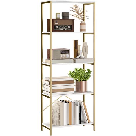HOMCOM Modern Bookshelf, Freestanding Bookcase, White and Gold Tone