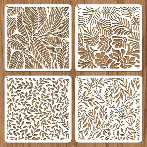 4-teiliges Set dekorativer Blattschablonen, strukturierte Zeichenvorlage zum Malen, wiederverwendbares Kunststoffschablonen-Set für 20×20 cm Leinwand und Holz (1/5)