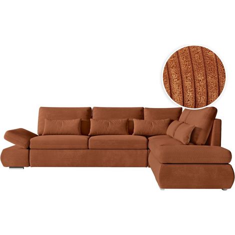 Loungitude – Canapé d'angle réversible convertible avec coffre en velours côtelé – Accoudoirs relevables – Terracotta – Confort moderne et rangement intégré (1/5)