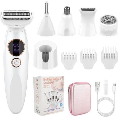 Rasoir Electrique Femme 5 en 1, Tondeuse Femme Intime, Rasoir Femme Maillot IPX7 Etanche avec Station de Charge USB pour Visage, Corp, Sourcil, Bikini (1/4)