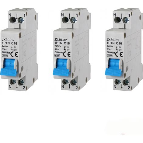 Set 3 Interruttori Magnetotermici Automatici 1P+N 16A 220V 4.5KA 1 Modulo DIN C16 (1/4)