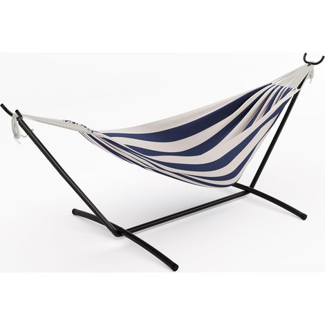 Hamac Double Robuste pour 2 Personnes avec Support en Acier – Lit brésilien en Coton – Capacité 450 LB – Portable avec Sac de Transport – Idéal Jardin, Camping, terrasse – Rayé Bleu et Blanc