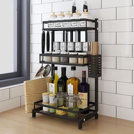 Gewuerzregal Kuechenregal, Küchengestell,Küchenarbeitsplatte Organizer Gewürz-Ständer 3 Ebenen 34x21x61cm Schwarz