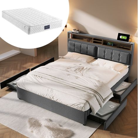 Bett 160x200 Polster mit Stauraum und USB Grau OKMYHOME (1/5)
