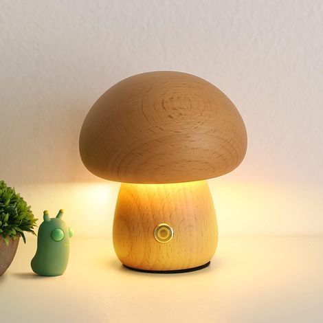 Veilleuse champignon, lampe de chevet tactile USB à intensité variable 3 couleurs, lampe de table champignon vintage en bois pour la chambre (1/5)