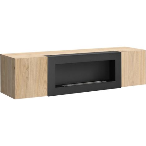 Meuble TV suspendu Fly avec cheminée bioéthanol - Bois MDF chêne Hickory Jackson - 160 x 40 x 40 cm - Livraison gratuite (1/3)