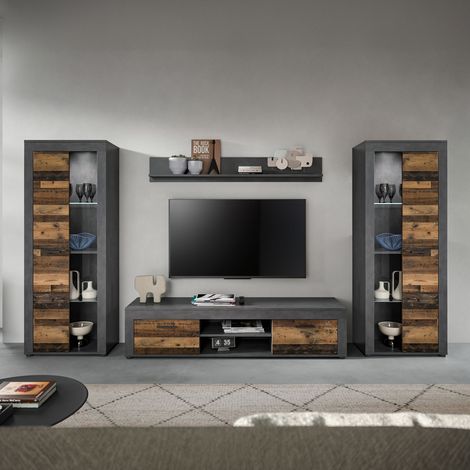 Ensemble de salon 4 meubles gris décor en bois brun - JAMO