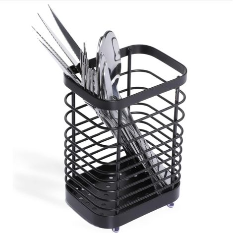 Cestino portaposate in acciaio inox, nero, piccolo cestino portaposate da cucina per organizzare cassetti e piani di lavoro, 10 x 7,5 x 15 cm (1/4)